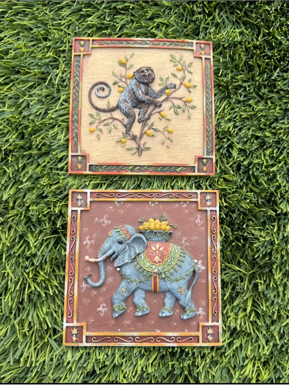 Set of 2 Textured 3D Wall Plaques Indian Elephant and Monkey 5" x 5"